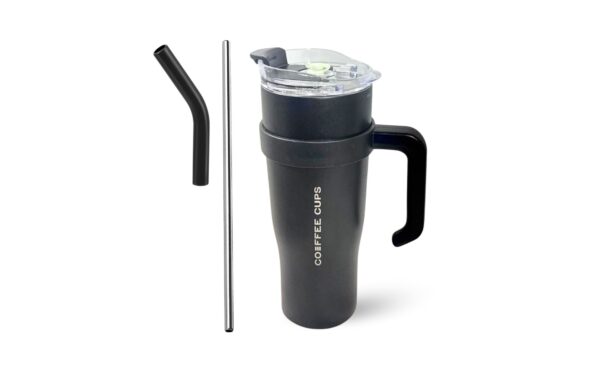 4" x 9.75" Stainless Steel Mug w/ Steel Straw & Side Handle