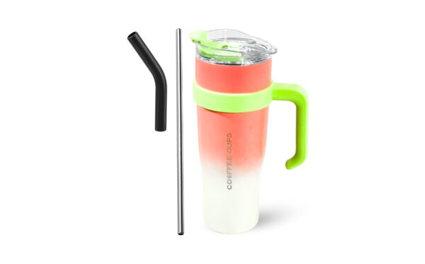 4" x 9.75" Stainless Steel Mug w/ Steel Straw & Side Handle - Image 3