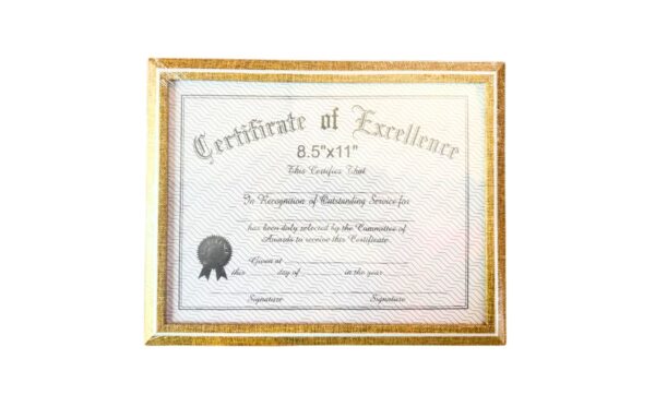 8.5" x 11" Gold Certificate Frame w/ White Trim
