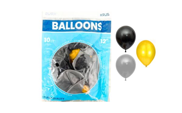 10ct 12" Asst Gold / Silver / Black Balloon