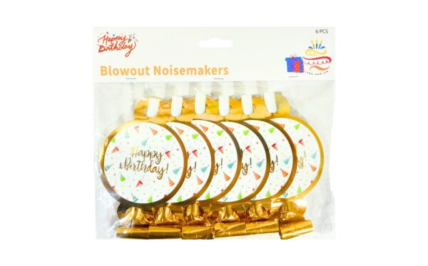6pk Gold Party Blowouts 'Birthday'