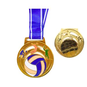 2.5" Gold Medal w/ Blue & White Ribbon 'Volleyball'