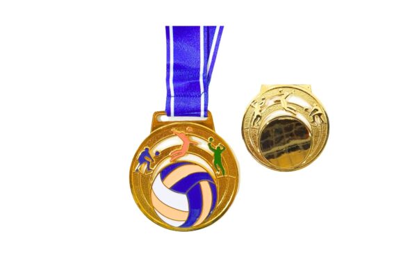 2.5" Gold Medal w/ Blue & White Ribbon 'Volleyball'