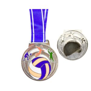 2.5" Silver Medal w/ Blue & White Ribbon 'Volleyball