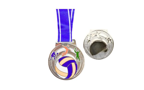 2.5" Silver Medal w/ Blue & White Ribbon 'Volleyball