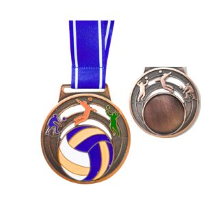 2.5" Bronze Medal w/ Blue & White Ribbon 'Volleyball'