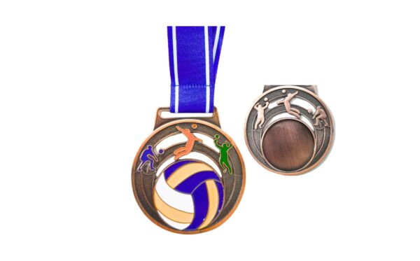 2.5" Bronze Medal w/ Blue & White Ribbon 'Volleyball'