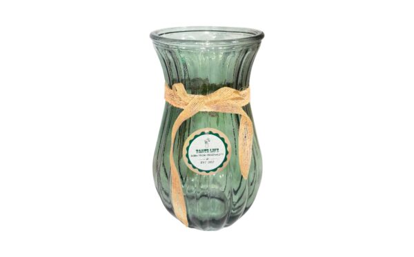 11cm x 22cm Colored Glass Vase w/ Vertical Ridges & Raffia Ribbon - Image 2