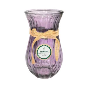 11cm x 22cm Colored Glass Vase w/ Vertical Ridges & Raffia Ribbon