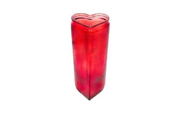 8" High Red Heart Shaped Glass Vase w/ Vertical Ridges