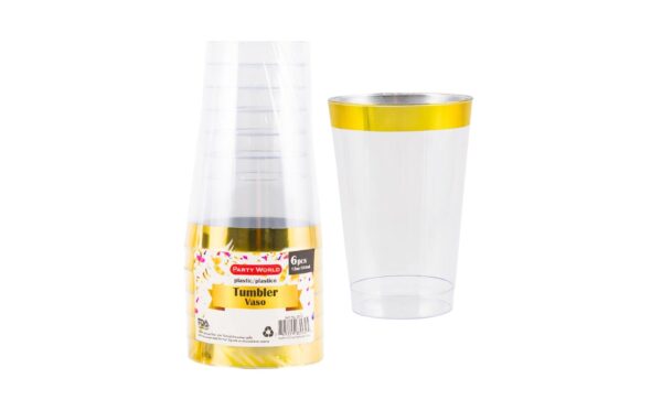6pk 12oz Clear Plastic Tumbler w/ Gold / Silver Rim