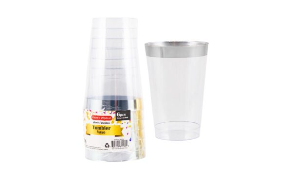 6pk 12oz Clear Plastic Tumbler w/ Gold / Silver Rim - Image 2
