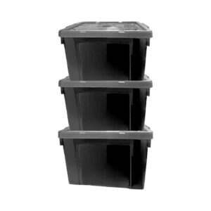 3pc 55L Black Plastic Storage Container w/ Wheels & Snap Lid