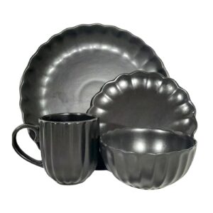 16pc Ceramic Dinnerware Set 'Ribbed Black'