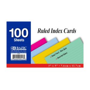100ct 3" x 5" Ruled Colored Index Card 'Bazic'