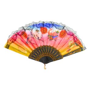 16" Black Folding Hand Fan w/ Lace & Floral Print