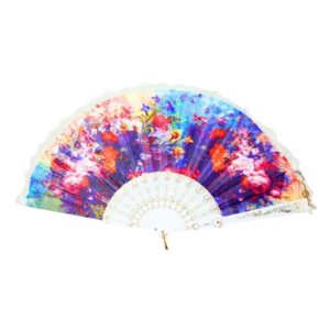 16" White Folding Hand Fan w/ Lace & Floral Print