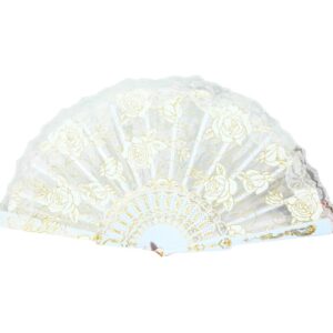 16" Colored Folding Hand Fan w/ Printed Organza & Lace