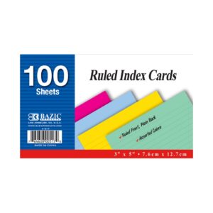100ct 3" x 5" Ruled Colored Index Card 'Bazic'