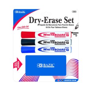 3pk Assorted Color Chisel Tip Dry-Erase Markers w/ Eraser 'Bazic'