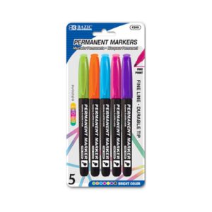 5pk Bright Colors Fine Tip Permanent Markers w/ Pocket Clip 'Bazic'