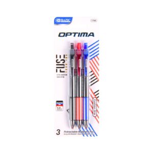3pk 'Optima' Assorted Color Retractable Oil-Gel Ink Pen w/ Grip 'Bazic'
