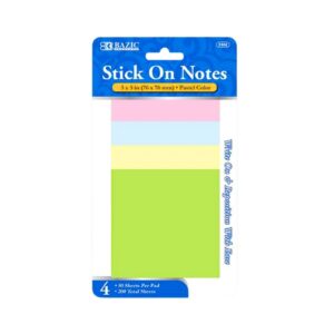 4pk 50ct 3" x 3" Colored Stick-On Note 'Bazic