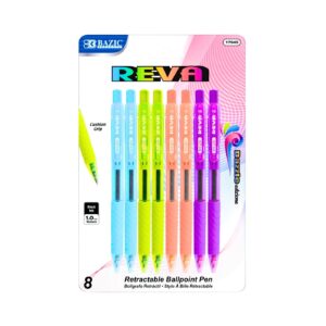 8pk Reva Black Color Retractable Pen w/ Cushion Grip 'Bazic'