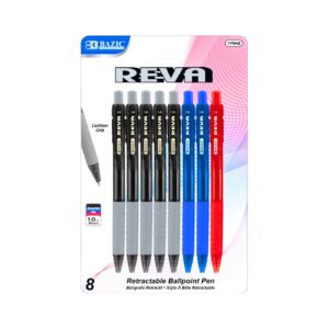 8pk Reva Assorted Color Retractable Pen w/ Cushion Grip 'Bazic'