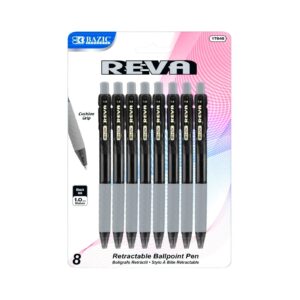 8pk Reva Dazzle Black Color Retractable Pen w/ Cushion Grip 'Bazic'
