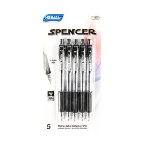 5pk 'Spencer' Black Retractable Ballpoint Pen w/ Cushion Grip 'Bazic'