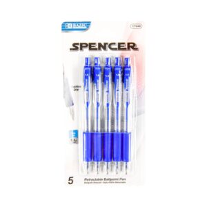 5pk 'Spencer' Blue Retractable Ballpoint Pen w/ Cushion Grip 'Bazic'