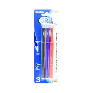 3pk GR8 Assorted Color Oil Gel Ink Pen w/ Rubberized Barrel 'Bazic'