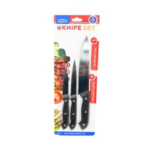 3pc Knife Set w/ Black Handle on Blister Card