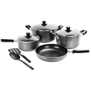 9pc Non Stick Dutch Oven Cookware Set (7pcs Cookware + 2 Utensils) Hammered Grey