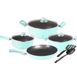 9pc Non Stick Dutch Oven Cookware Set (7pcs Cookware + 2 Utensils) Light Blue