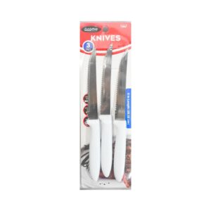3pc 8" Steak Knives w/ White Plastic Handle