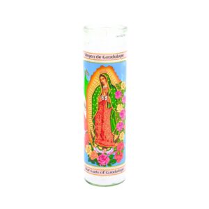8" White Religious Candle in Glass 'Lady of Guadalupe'